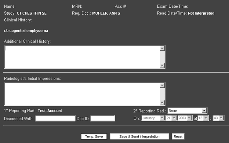 Figure 1. Radiologist's Form for Entering Wet Read